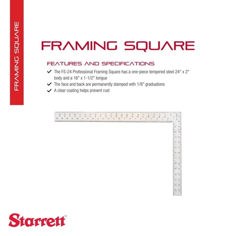 Starrett FS-24 framing square back with 1/8-inch graduations for complete measurements