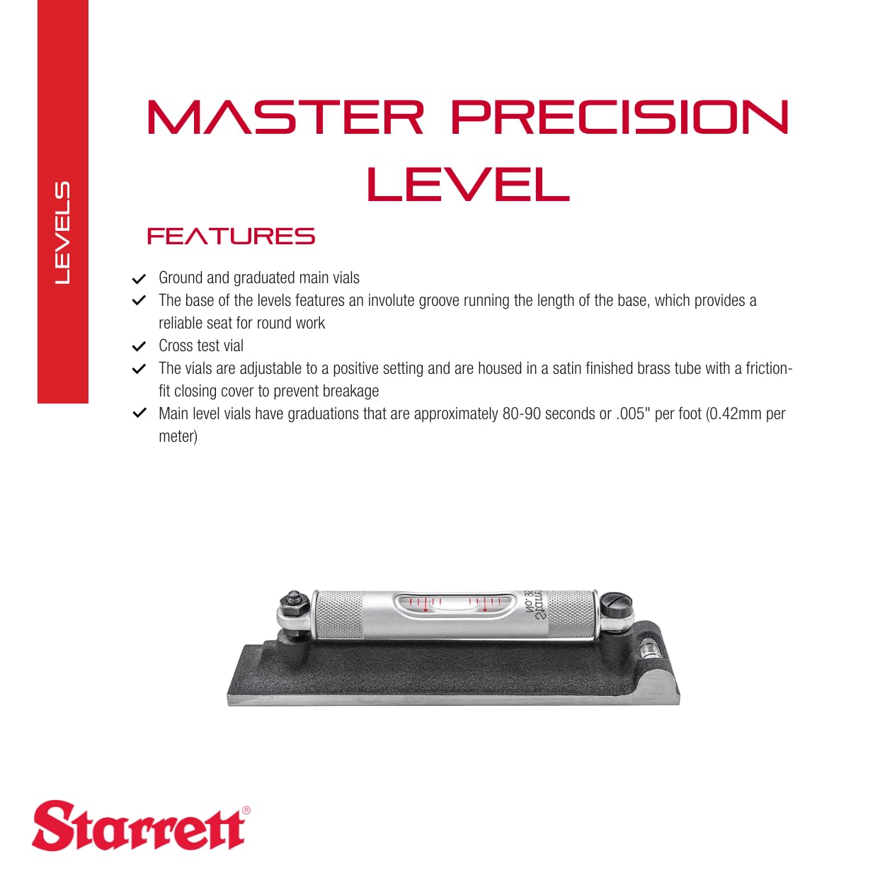 Starrett machinists level with cross-test vial enables simultaneous two-direction leveling.