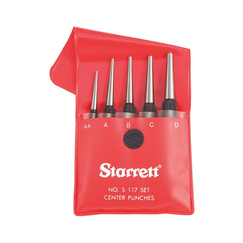 Starrett S117PC five-piece center punch set with round shanks and knurled grips for precise marking.