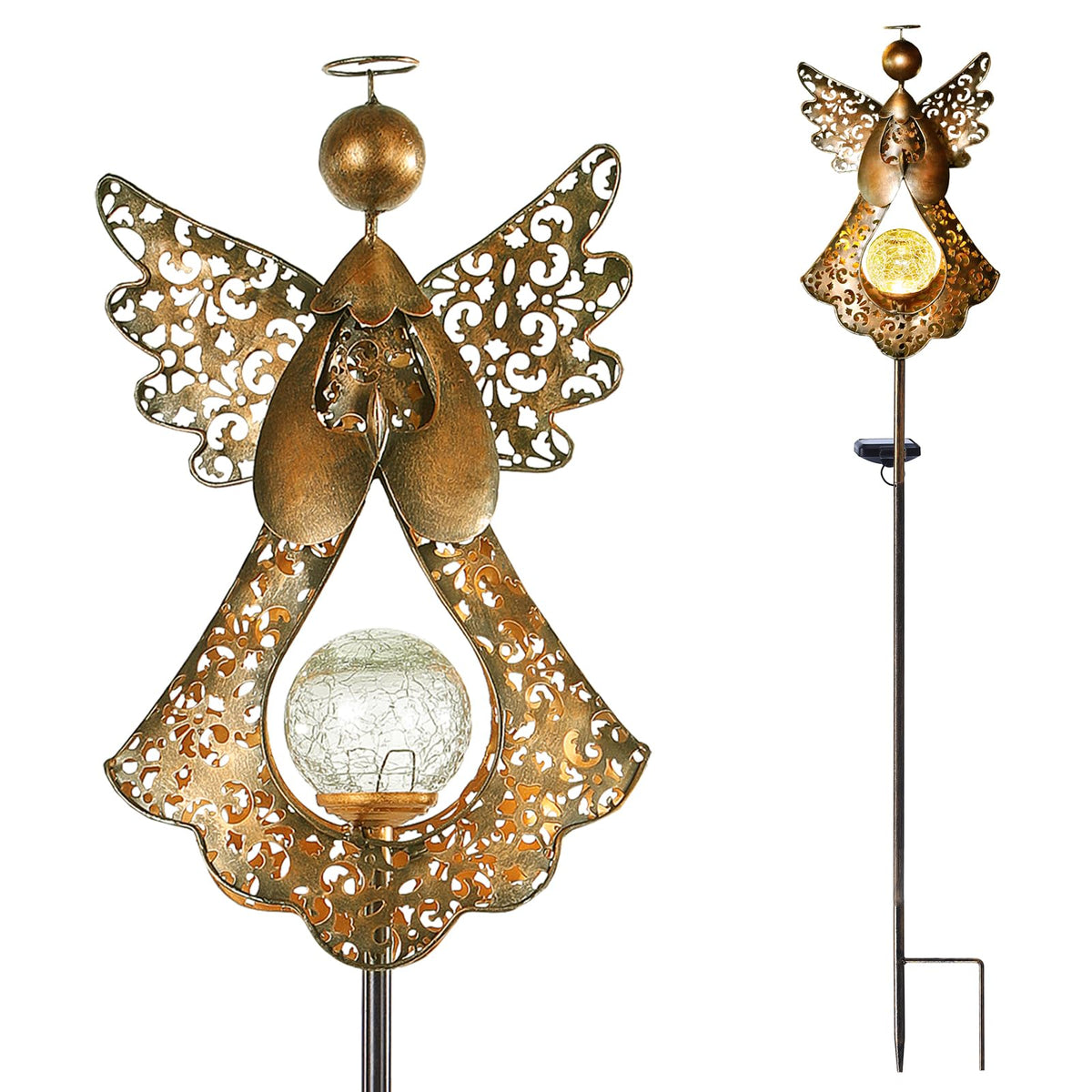 Starryfill angel stake light with crackle globe brightens garden paths with warm solar glow.