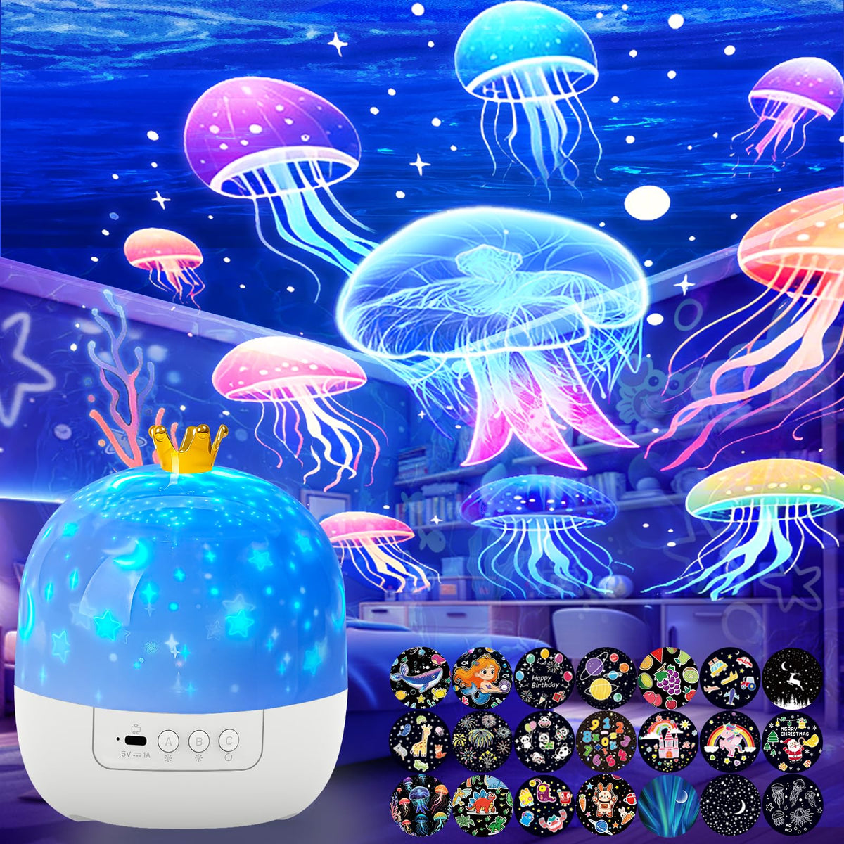 STARS LAMP starry sky projector creates a calming ceiling display for bedtime.