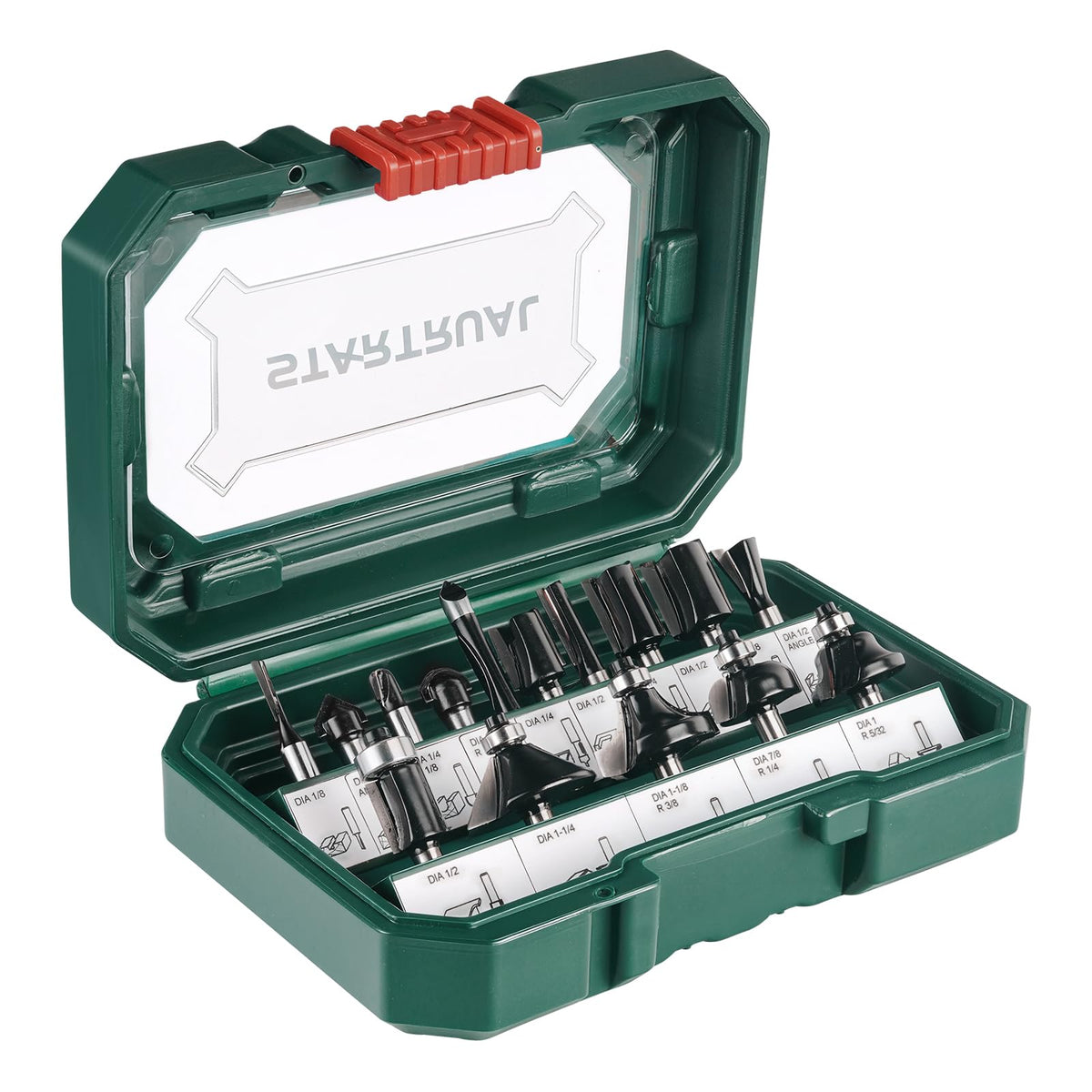 STARTRUAL 15-piece set with 1/4-inch shank router bits for precise cuts.