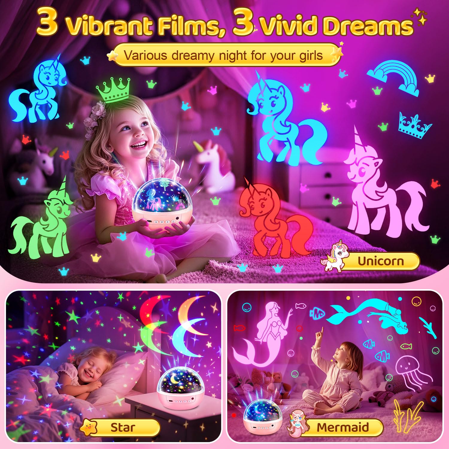 STARYOU night light provides unicorn, star, and mermaid projections for dreamy nights