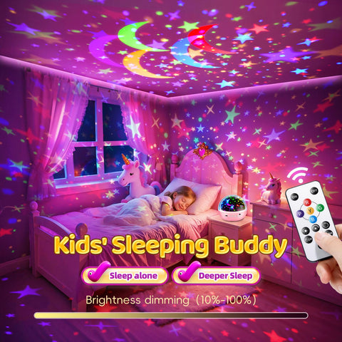 STARYOU night light projects through 360-degree rotation across walls and ceiling