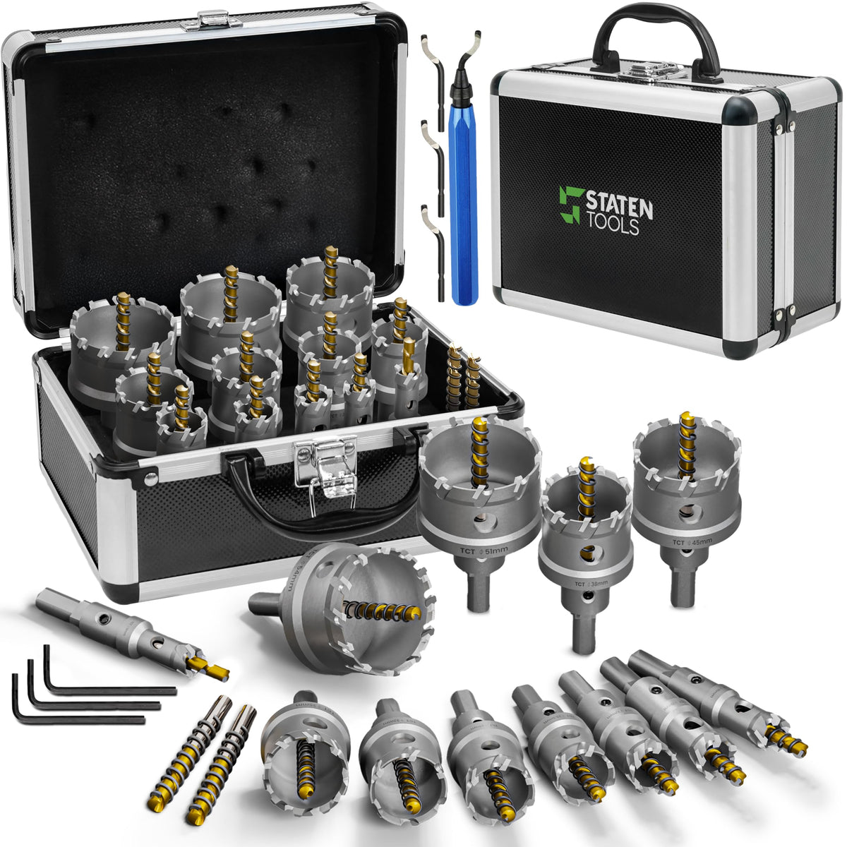 Staten Tools Tungsten Carbide Hole Saw Kit outer blade enables clean cuts in metal.
