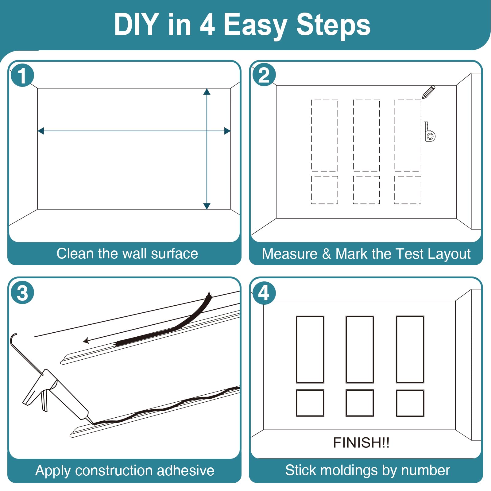 Staycalis Home precut molding kit covers about 100 sq ft per kit for large-room installations.