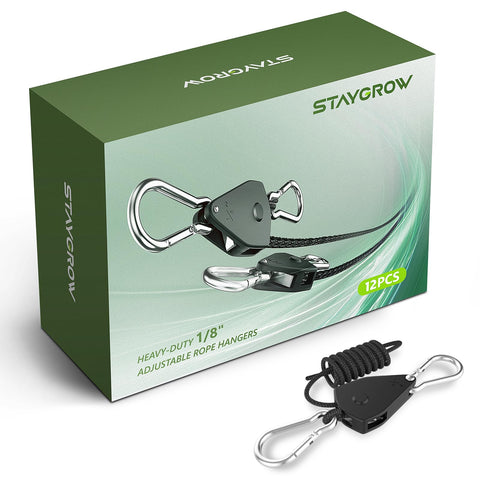 STAYGROW 12-pack adjustable rope hanger showing durable mounting for plants or lights