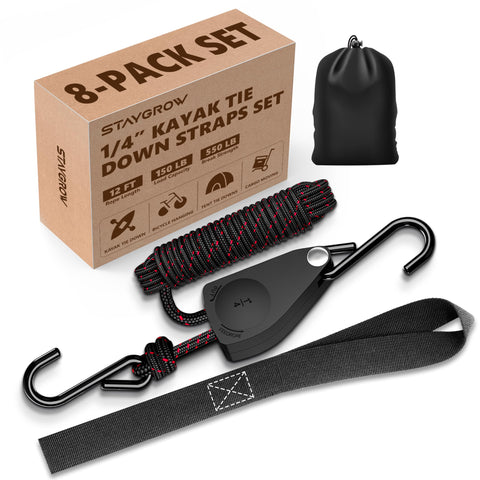 STAYGROW kayak straps eight-pack shown for roof rack transport.