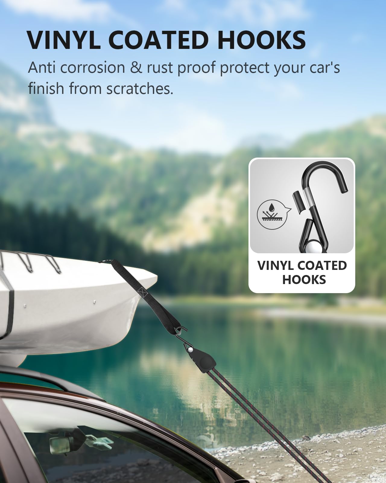 Eight straps securing light to mid-weight loads on roof racks and trucks.