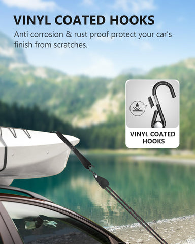 Eight straps securing light to mid-weight loads on roof racks and trucks.