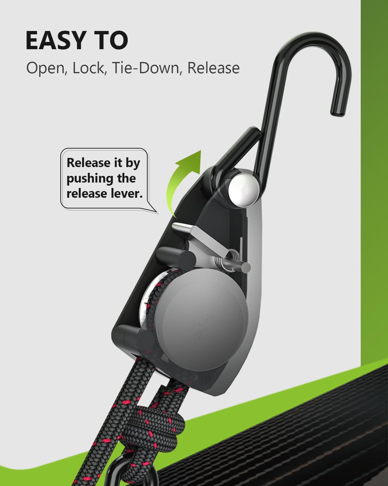 Rotating ratchet and easy-release lever for smooth tensioning on light to medium loads.
