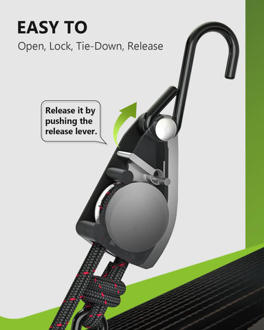 Rotating ratchet and easy-release lever for smooth tensioning on light to medium loads.