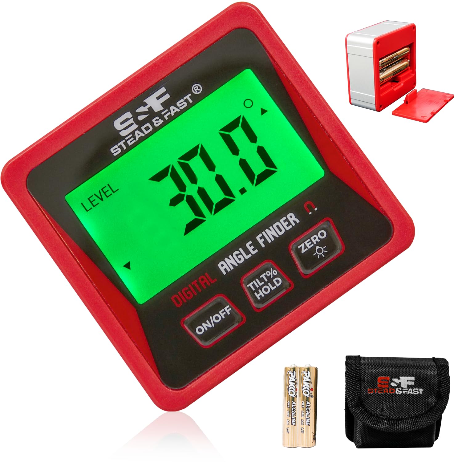 S&F Stead & Fast digital angle finder gauge with backlit display for precise measurements.