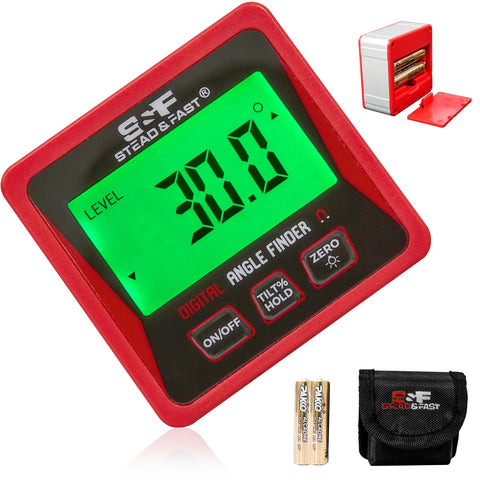 S&F Stead & Fast digital angle finder gauge with backlit display for precise measurements.