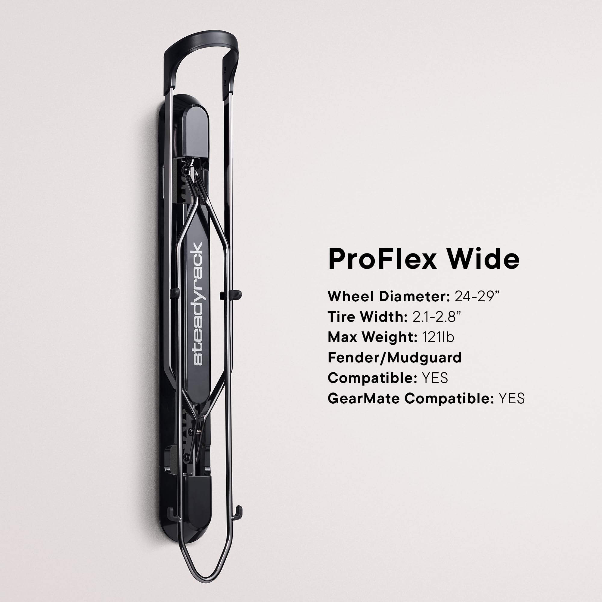 Steadyrack ProFlex Wide fits MTB, eMTB, gravel, and fender bikes.