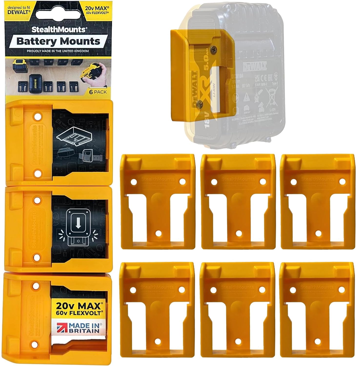 StealthMounts DeWalt 20V/60V battery holder; organized six-pack setup