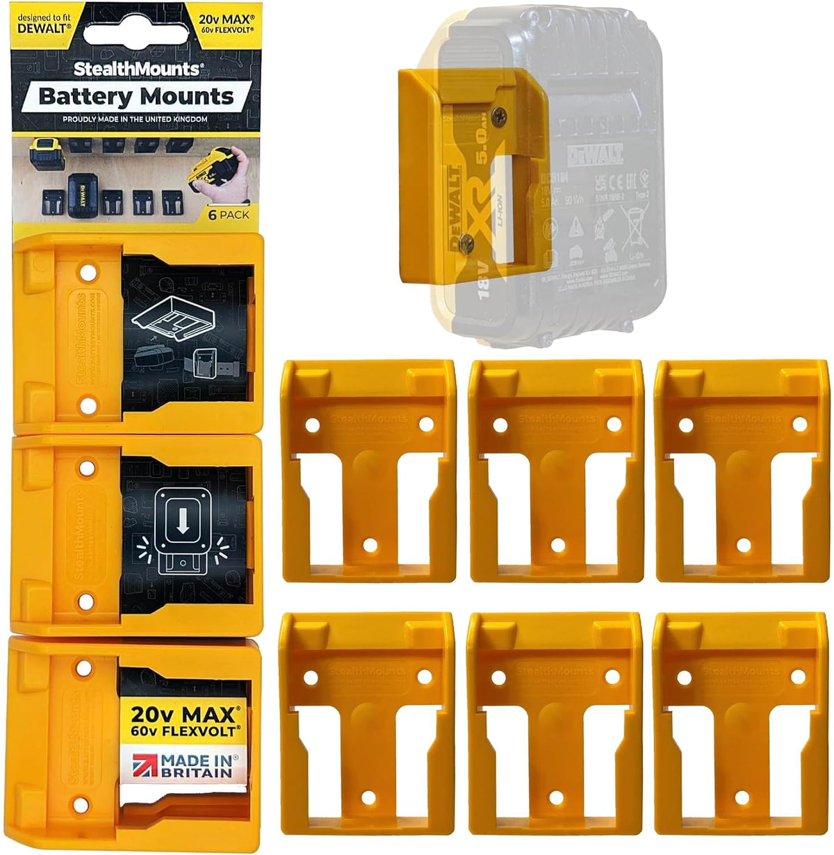 StealthMounts DeWalt 20V/60V battery holder; organized six-pack setup