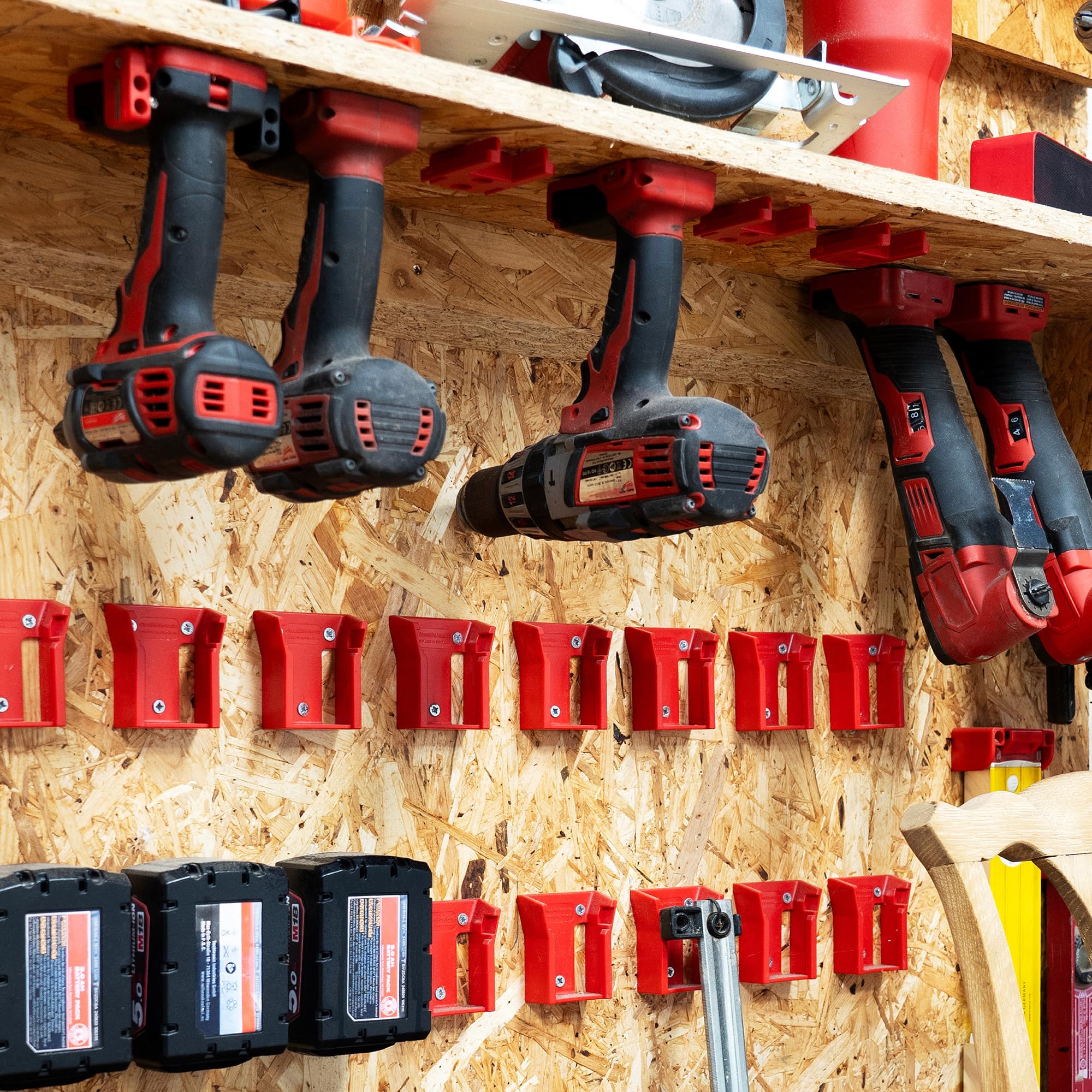 Six-pack StealthMounts battery holders organize a busy workshop.