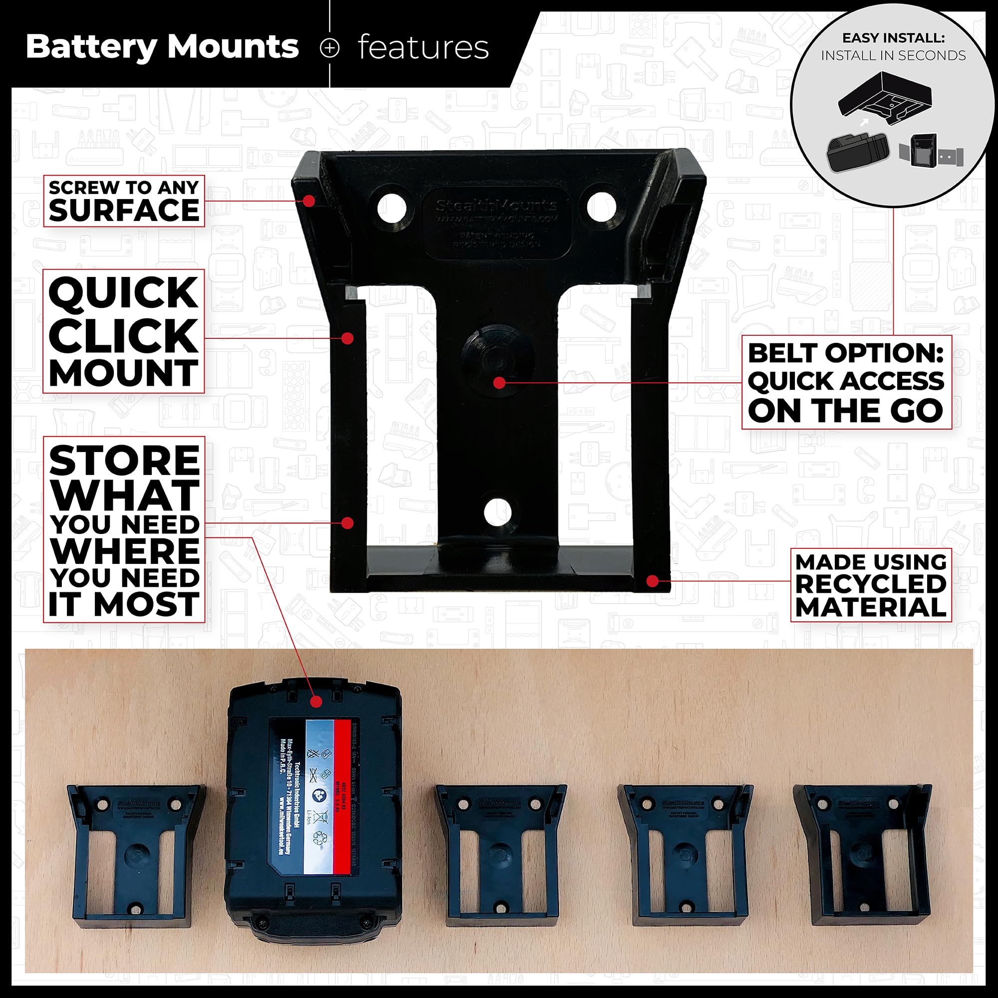 Red StealthMounts holder demonstrates neat battery inventory for fast tool setup.