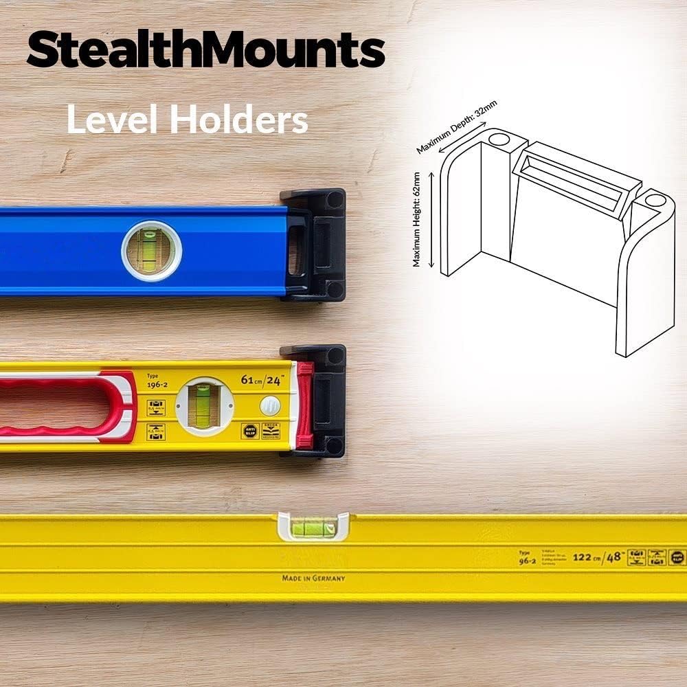 StealthMounts wall-mounted level holder secures tools neatly on the workshop wall