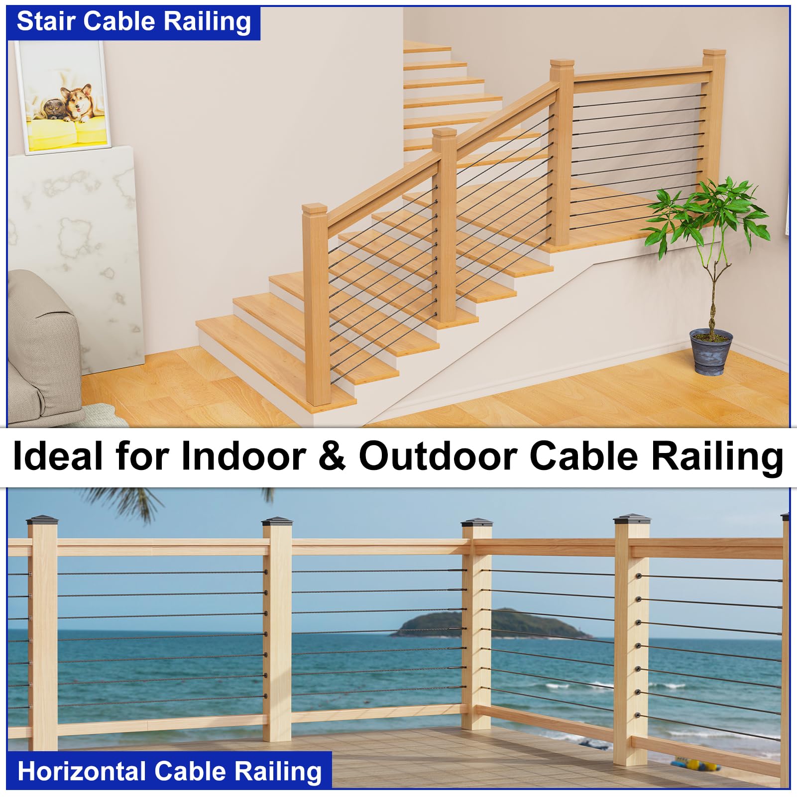 Deck and stair cable railing kit for outdoor use