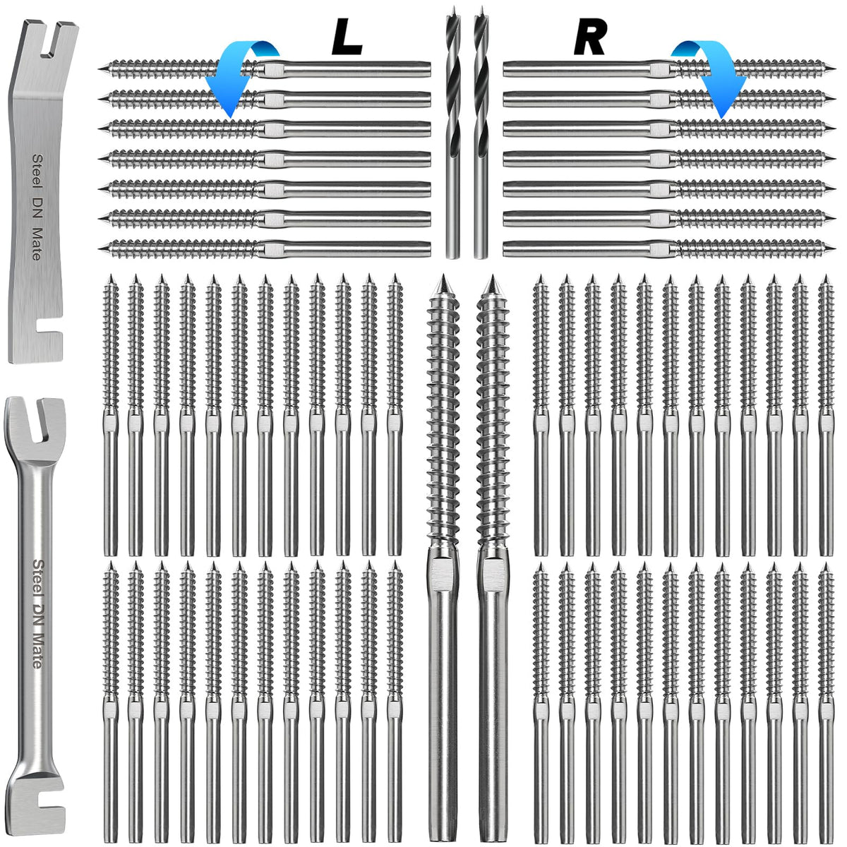 Steel DN Mate DM50 wrench included for faster deck railing installation.