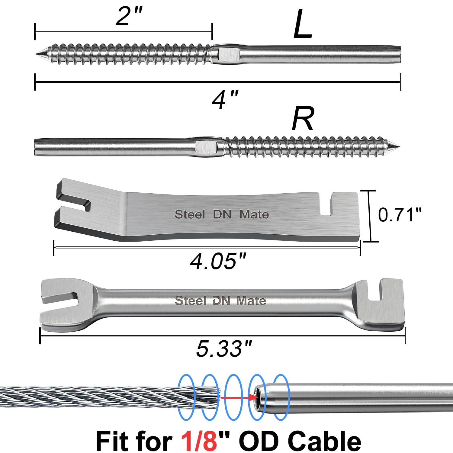 Steel DN Mate swage screws fitted to wood posts for secure cable railing.
