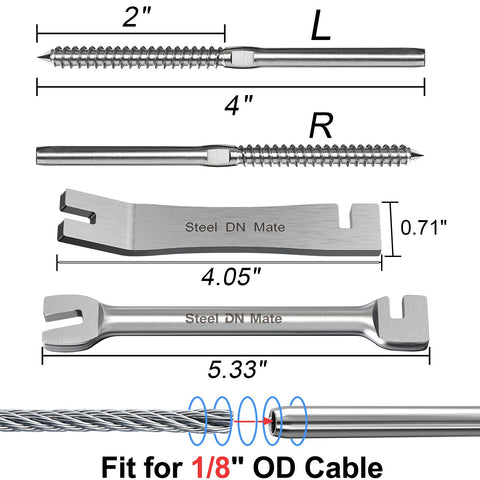Steel DN Mate swage screws fitted to wood posts for secure cable railing.