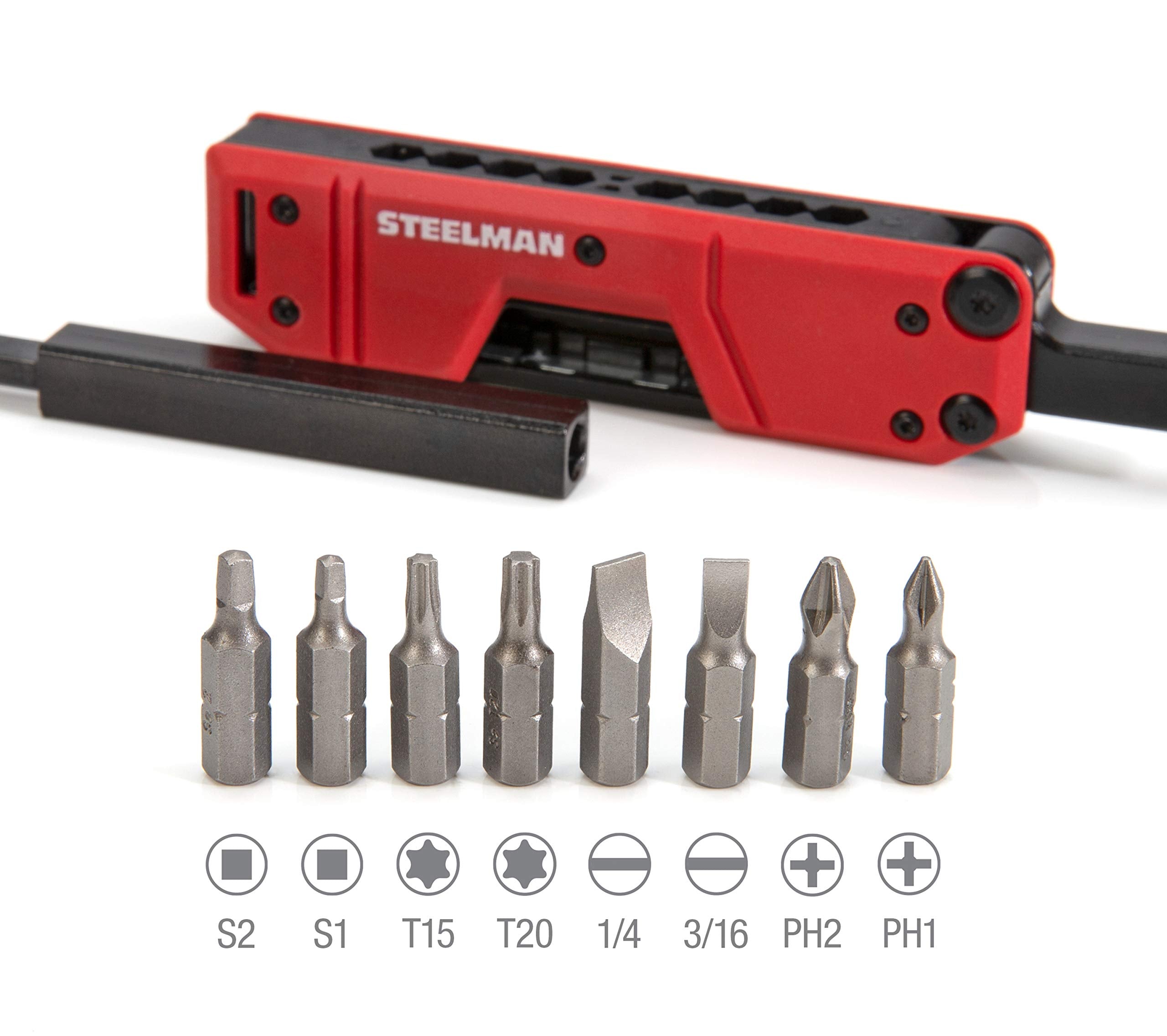 Steelman pocket screwdriver shows magnetic shaft for secure bit hold.