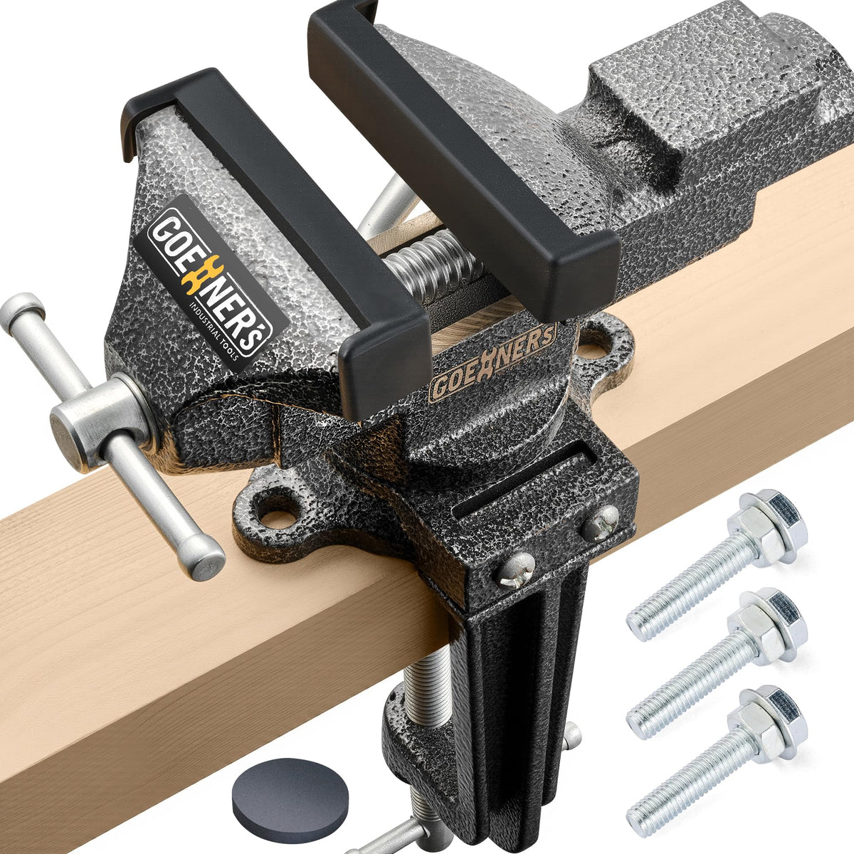 Steinbruecke dual-purpose vise with 360-degree base enabling versatile clamping angles.