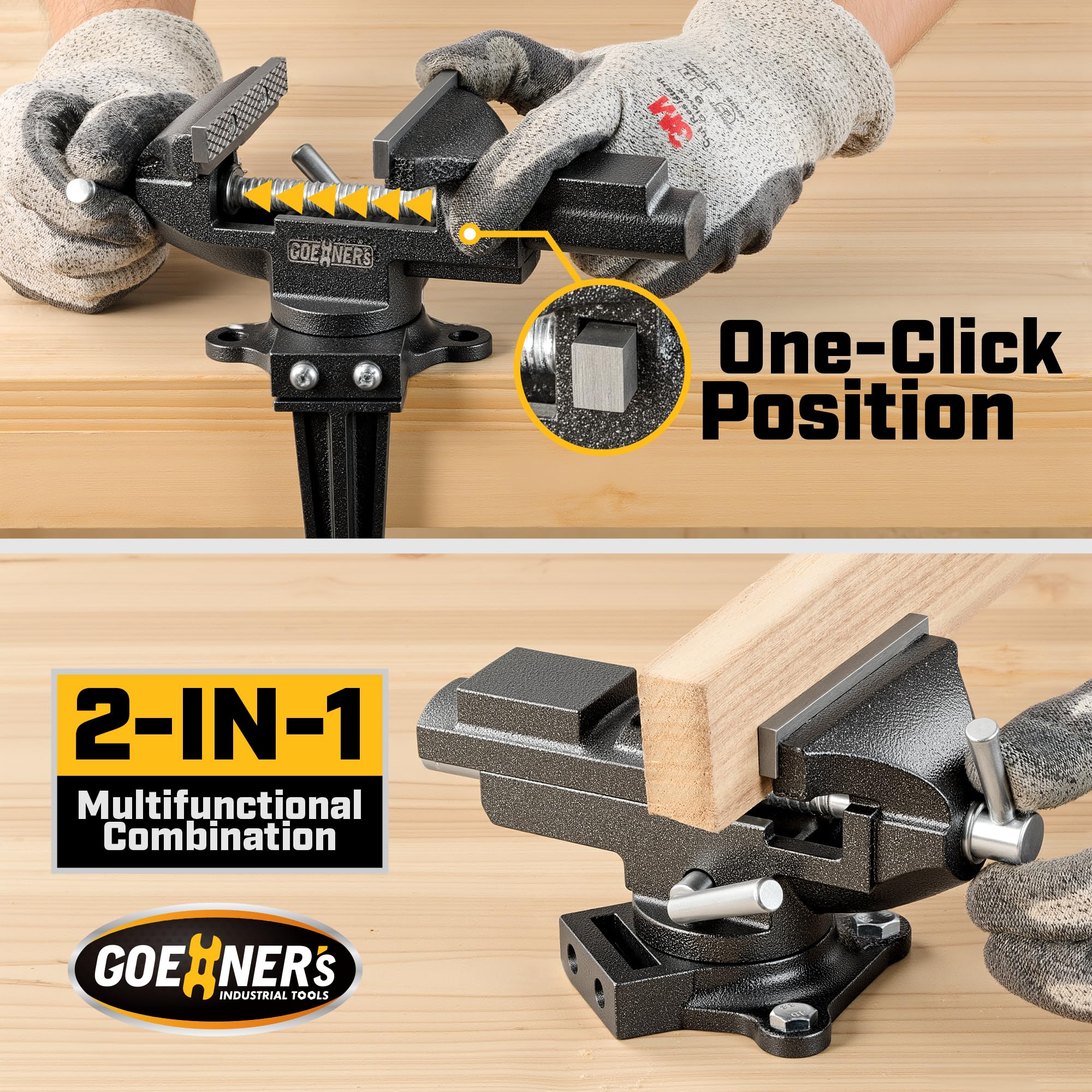 Steinbruecke dual-purpose vise showing one-click positioning for fast securing.