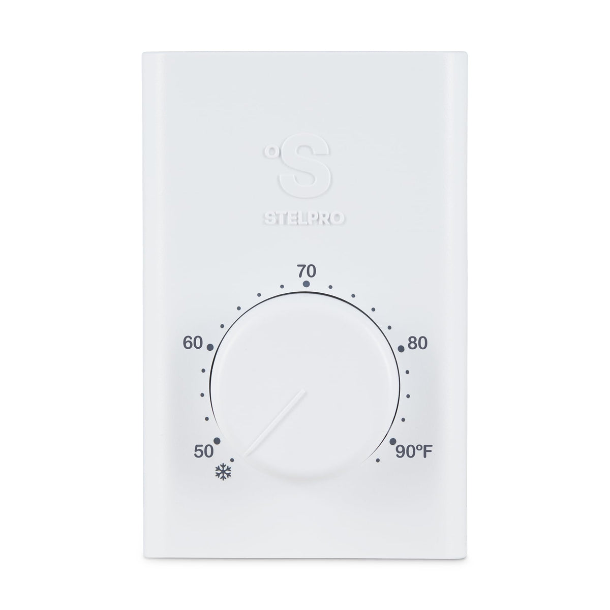 Stelpro SWT2F front view highlights compact, durable wall thermostat for reliable baseboard control.