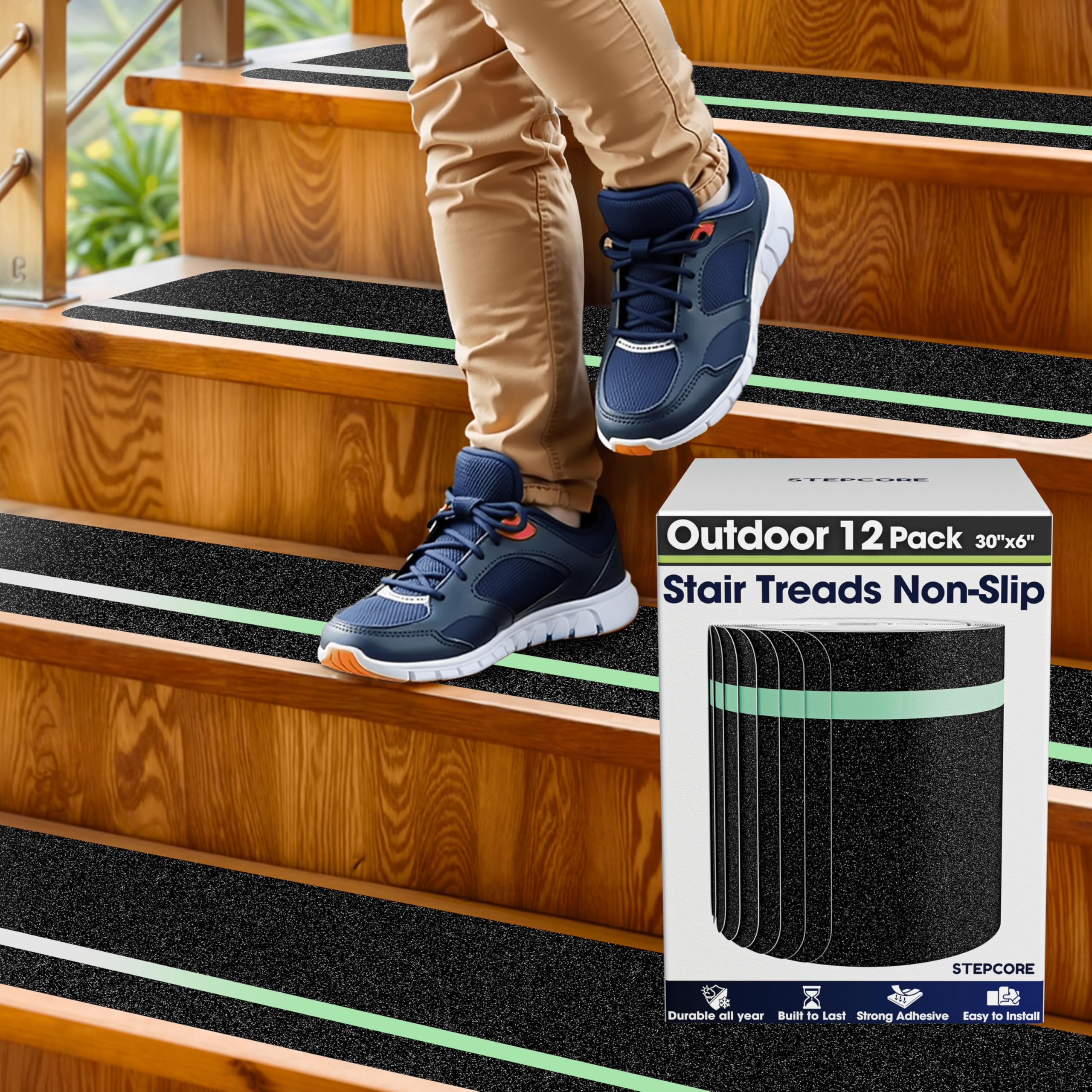 StepCore glow-in-dark outdoor stair treads illuminate steps for safer nighttime use