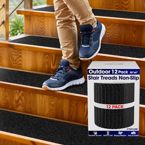 StepCORE outdoor stair treads 30x6 shown on wooden steps for safer outdoor grip