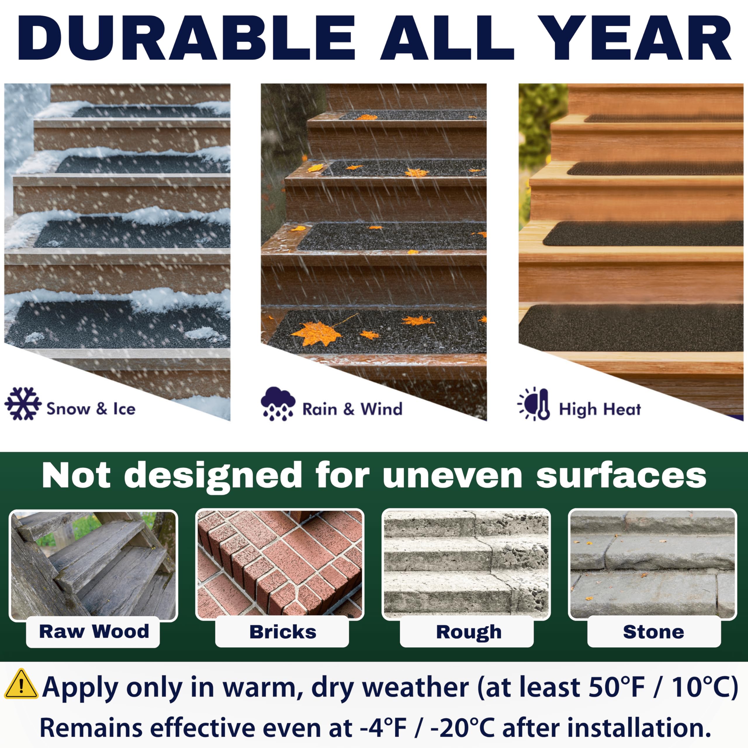 StepCORE stair treads shown resisting rain on exterior stairs