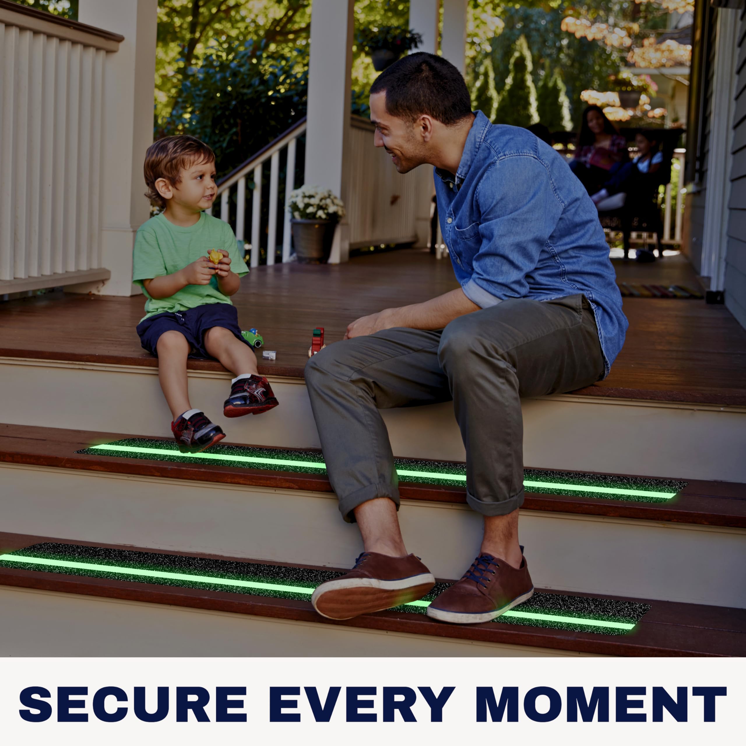 StepCore waterproof anti-slip stair strips on wood provide reliable traction in rain