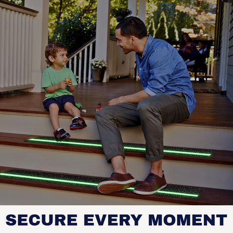 StepCore waterproof anti-slip stair strips on wood provide reliable traction in rain