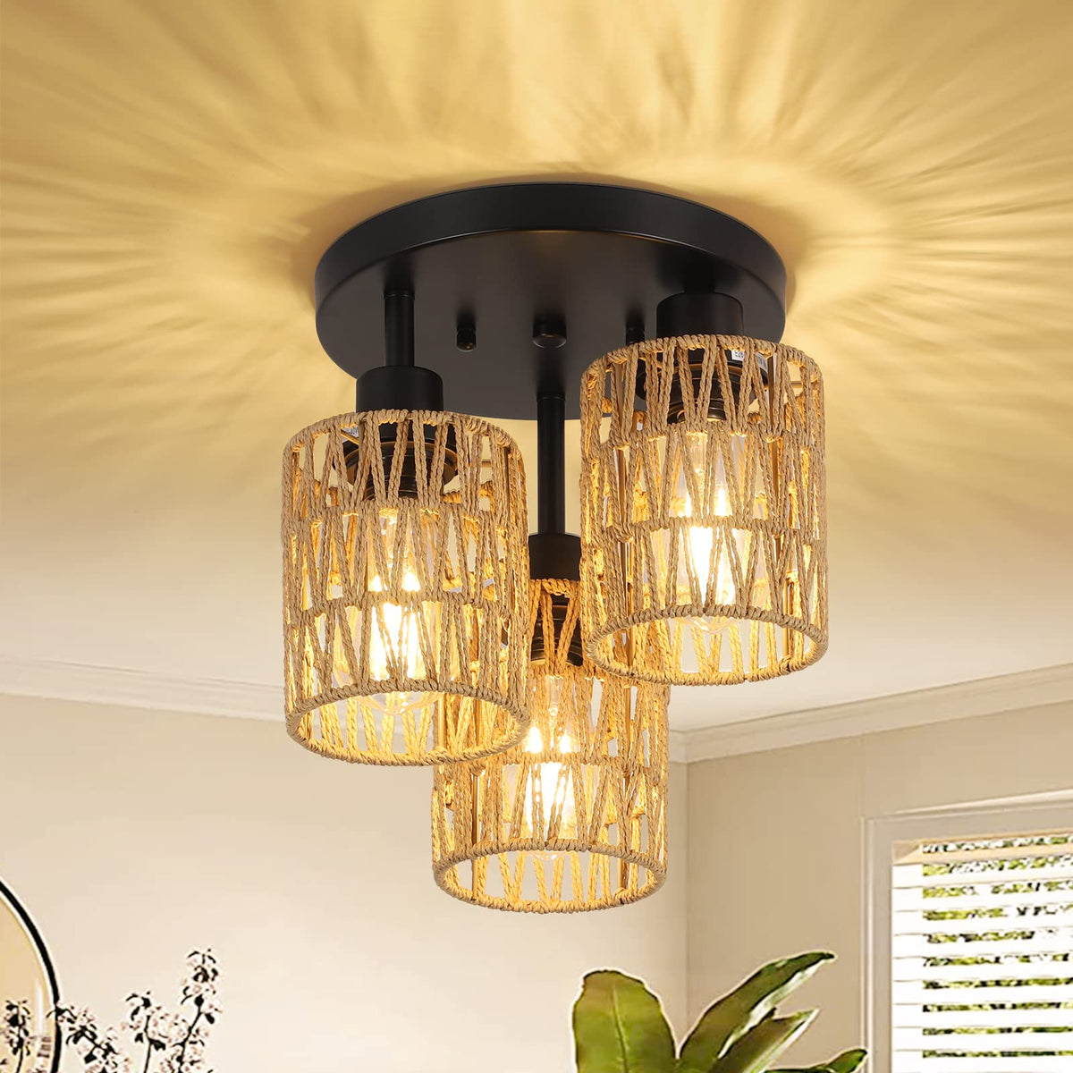 Stepeak 3-lights boho rattan chandelier ceiling mount casts warm ambient light