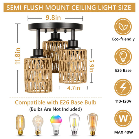 Stepeak dimmable rattan ceiling light with 3 lights for customizable mood