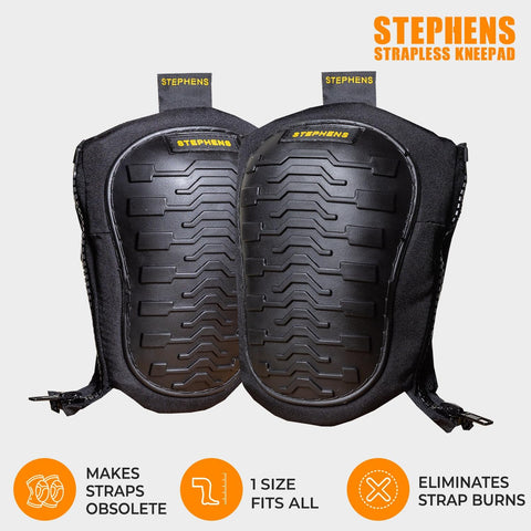Stephens strapless knee pad in construction work highlights durable protective design.