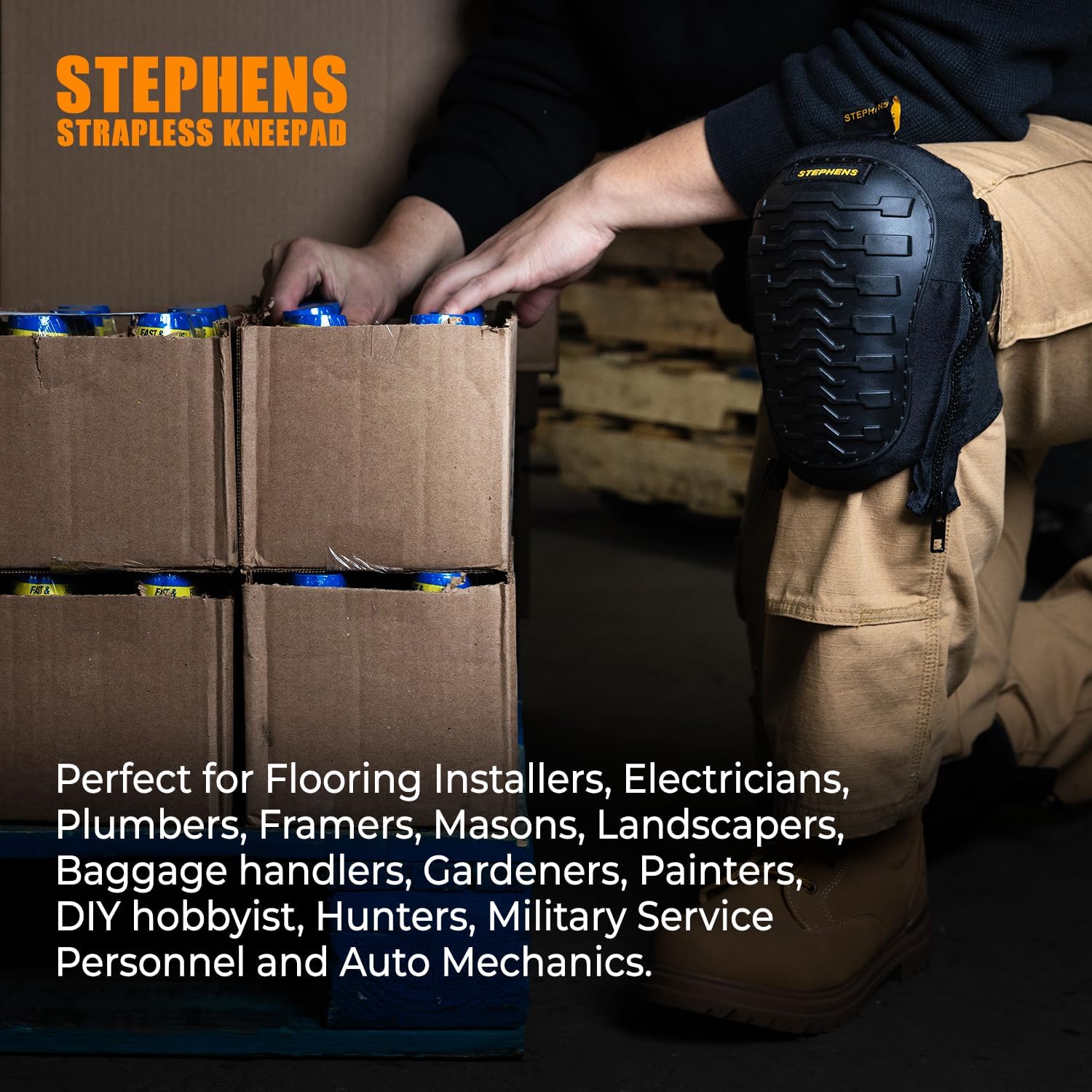 Stephens strapless knee pad gardening demonstrates ergonomic kneeling support.