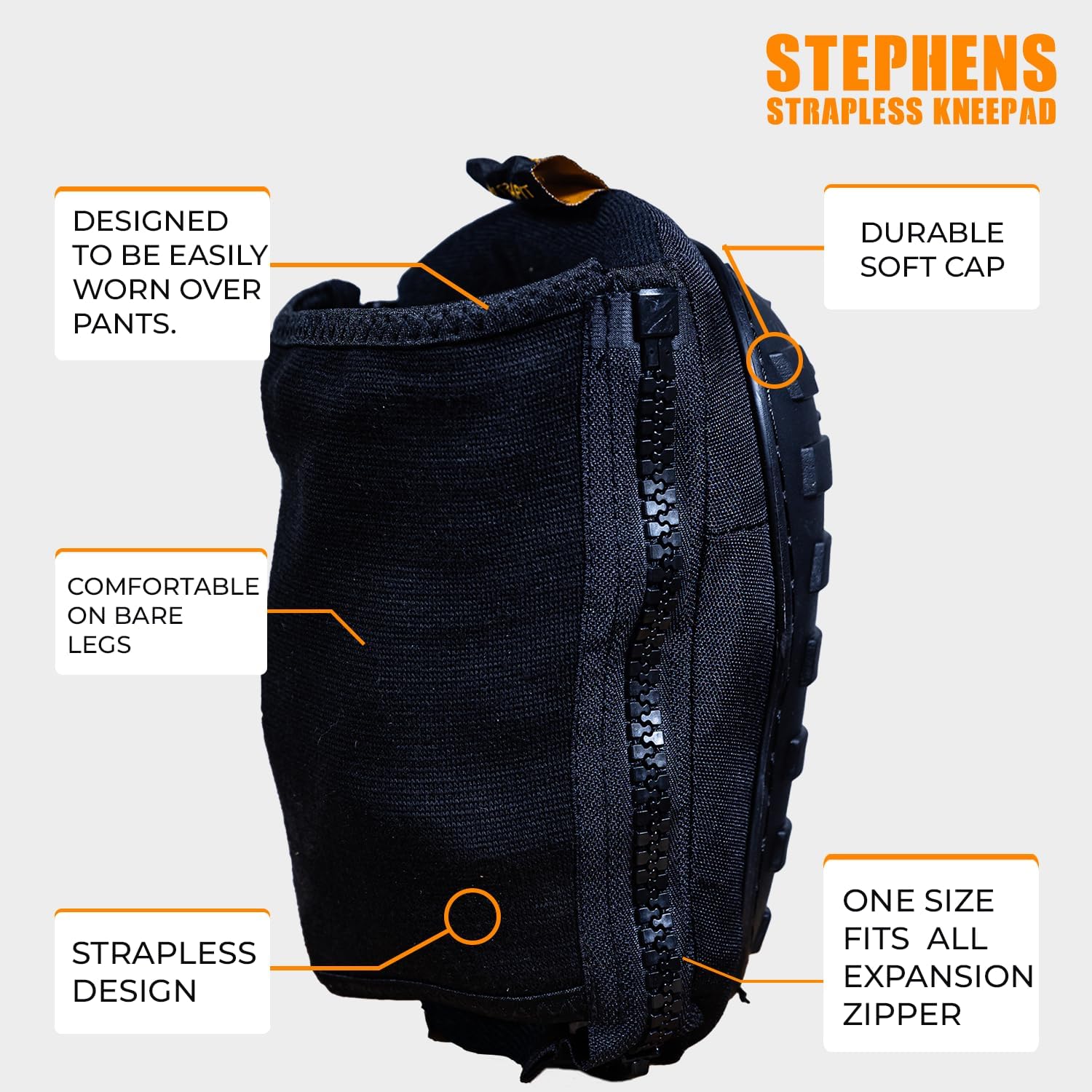 Stephens strapless knee pad on knee during tiling demonstrates stable kneeling support.