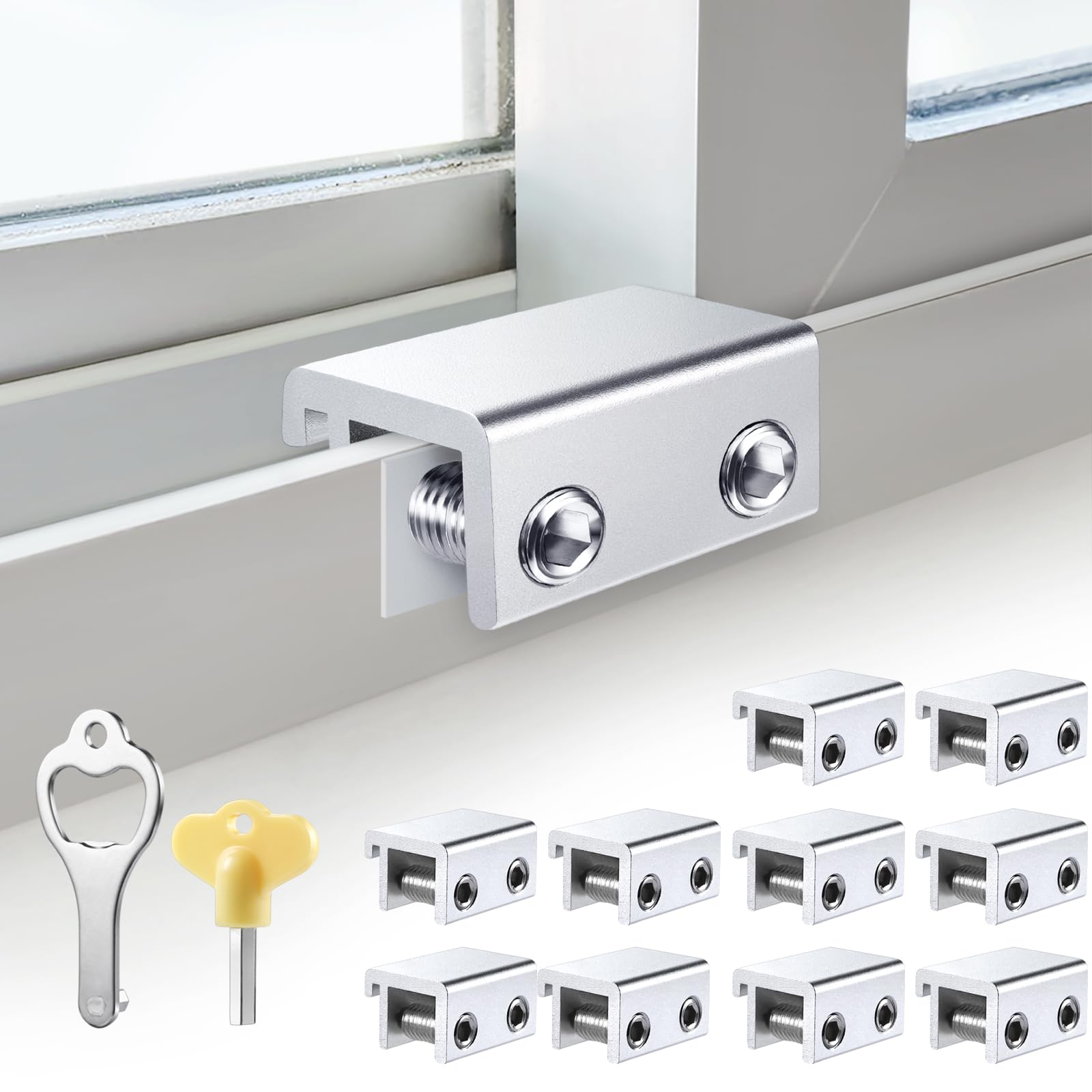 STERGDE sliding window locks packaging shows a ready-to-use 10-set kit for quick security.