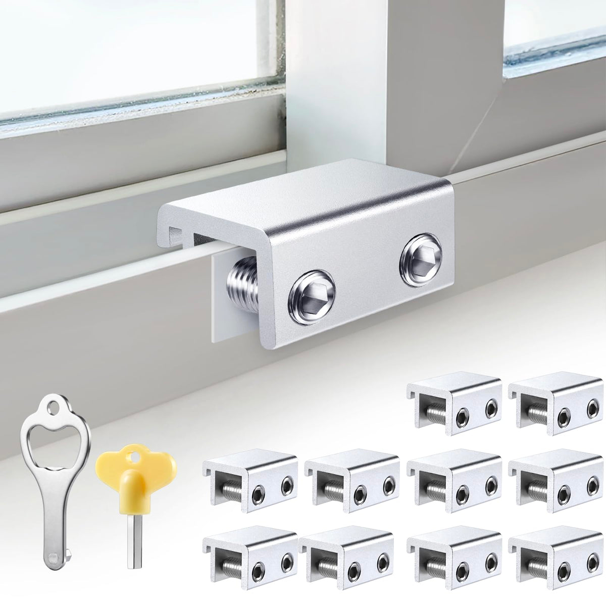 STERGDE sliding window locks packaging shows a ready-to-use 10-set kit for quick security.