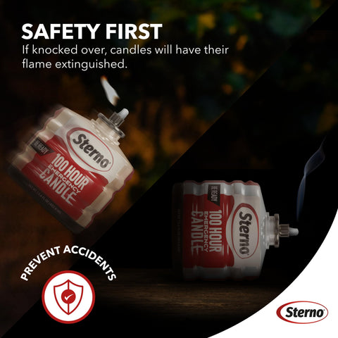 Sterno 100-Hour set provides ready lighting for outages and gatherings.