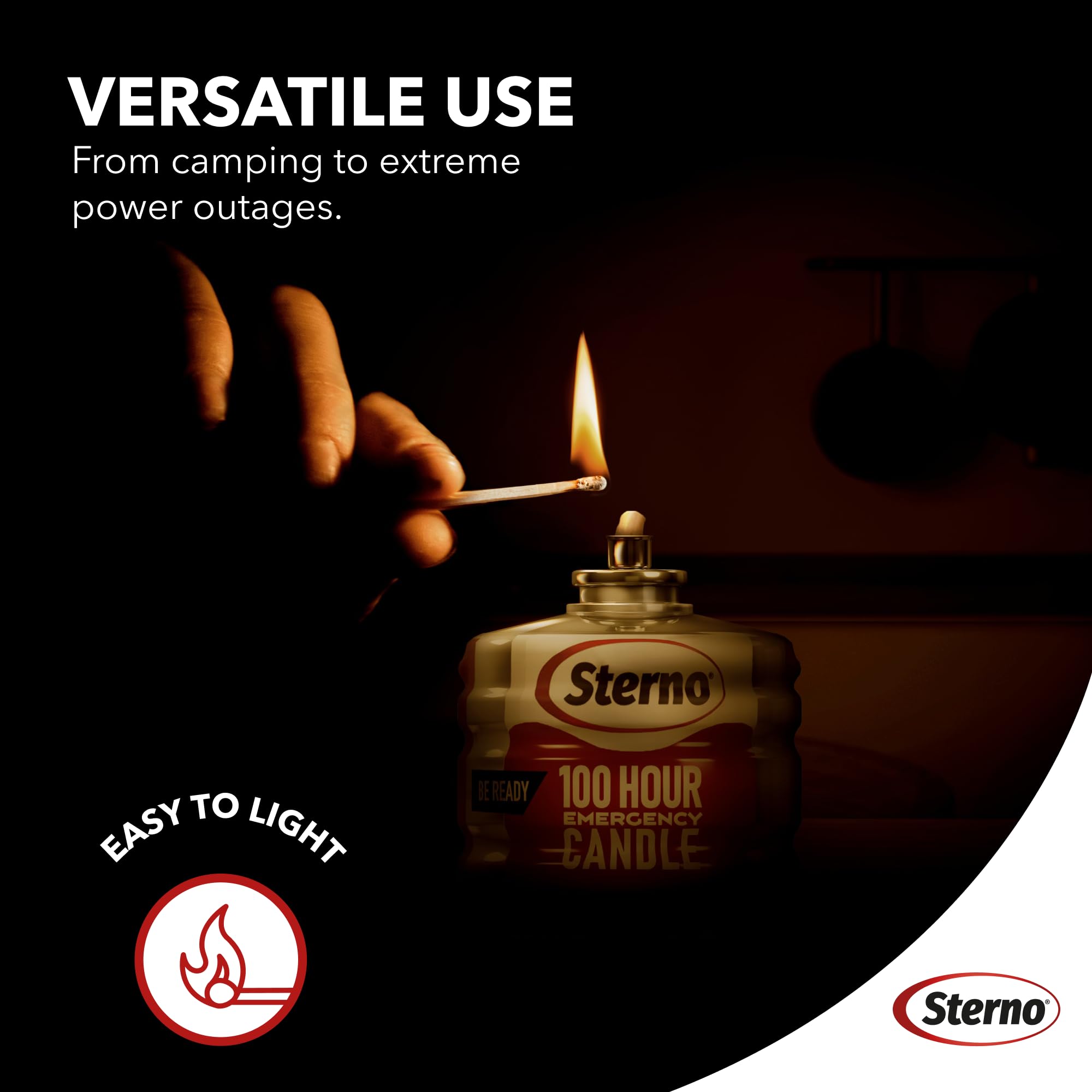 Sterno durable plastic container keeps the candle stable and safe.