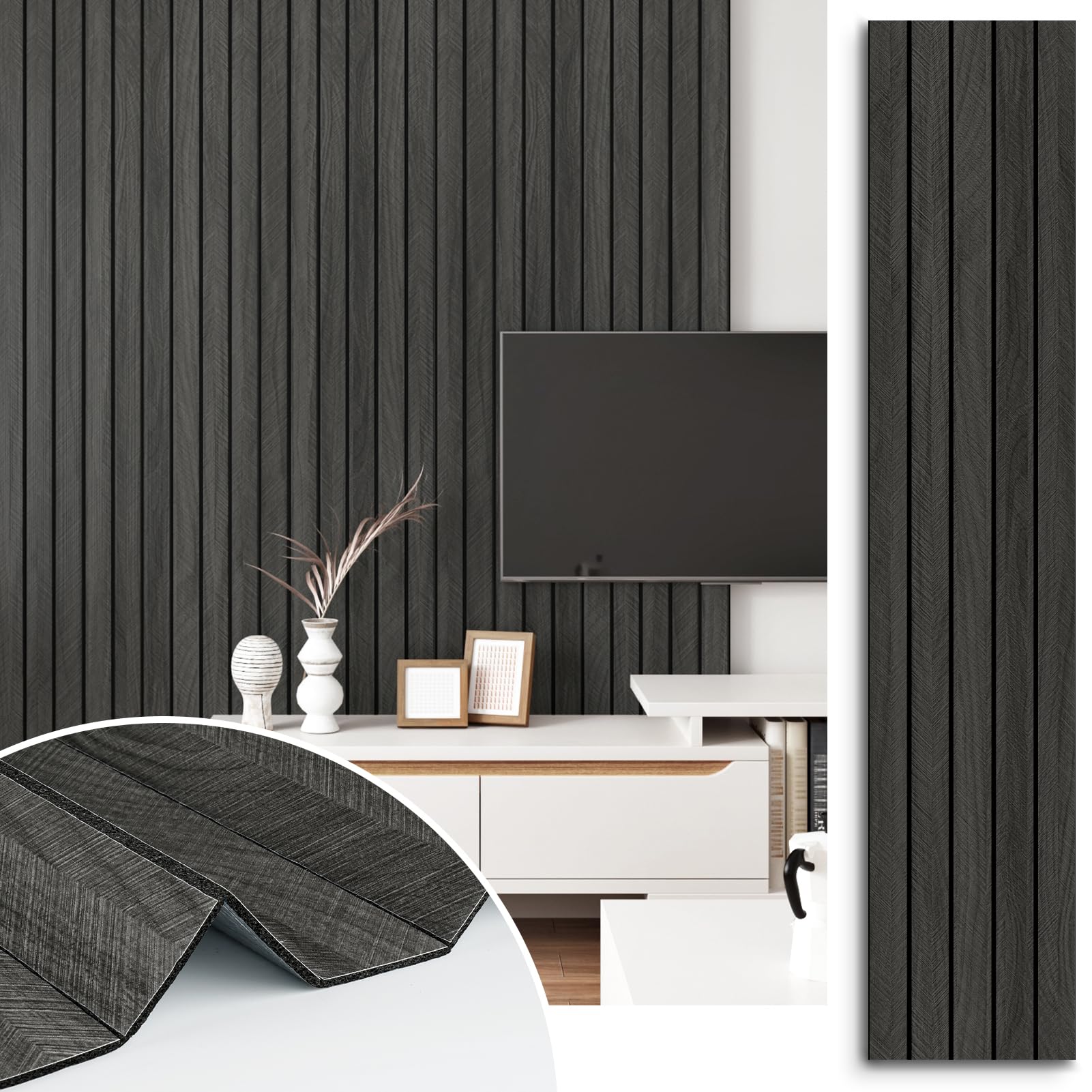 STICKEEP 3D wood slat panel in grey-black enhances wall decor