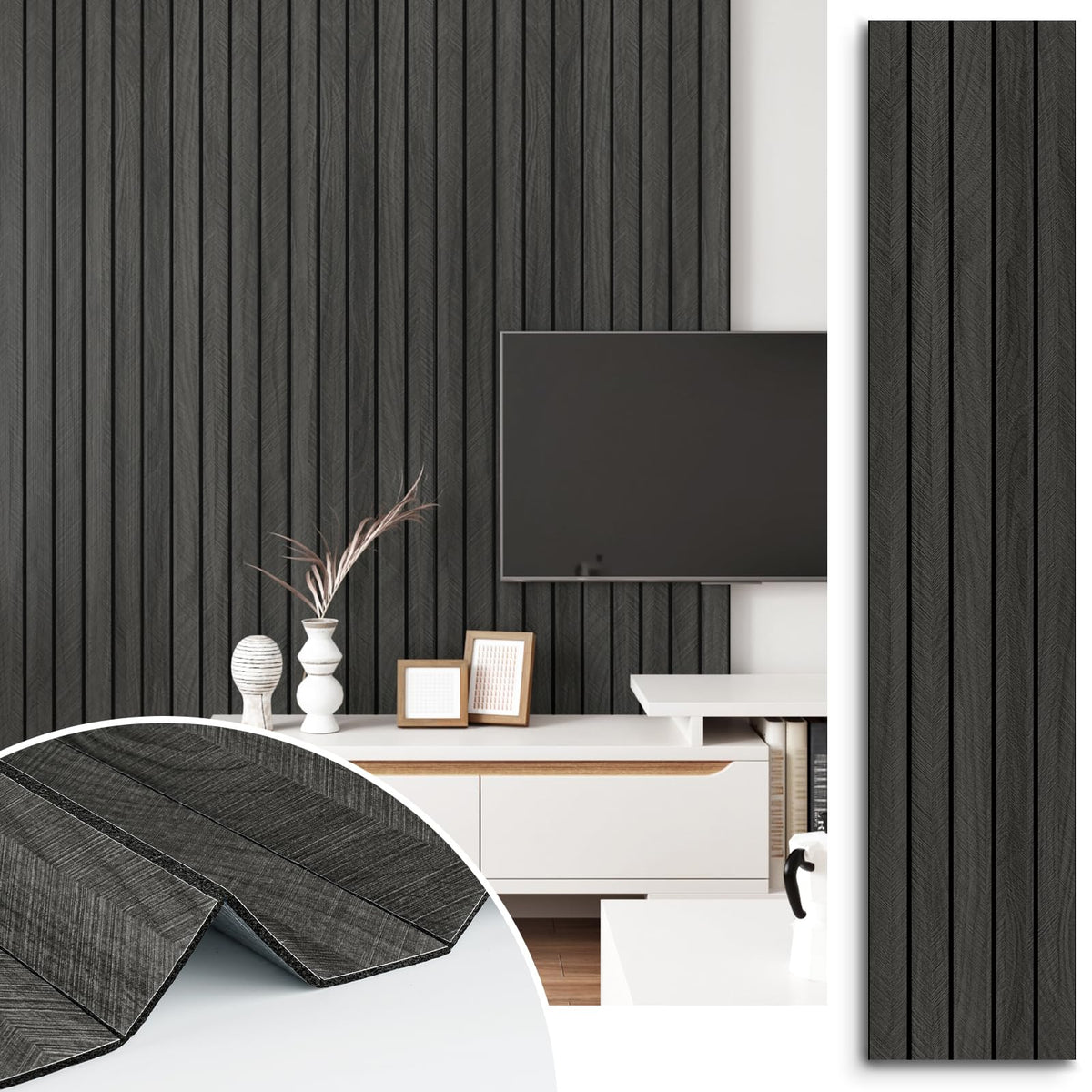 STICKEEP 3D wood slat panel in grey-black enhances wall decor