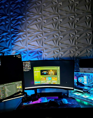 STICKGOO white diamond texture panels enhance a TV background ambiance.
