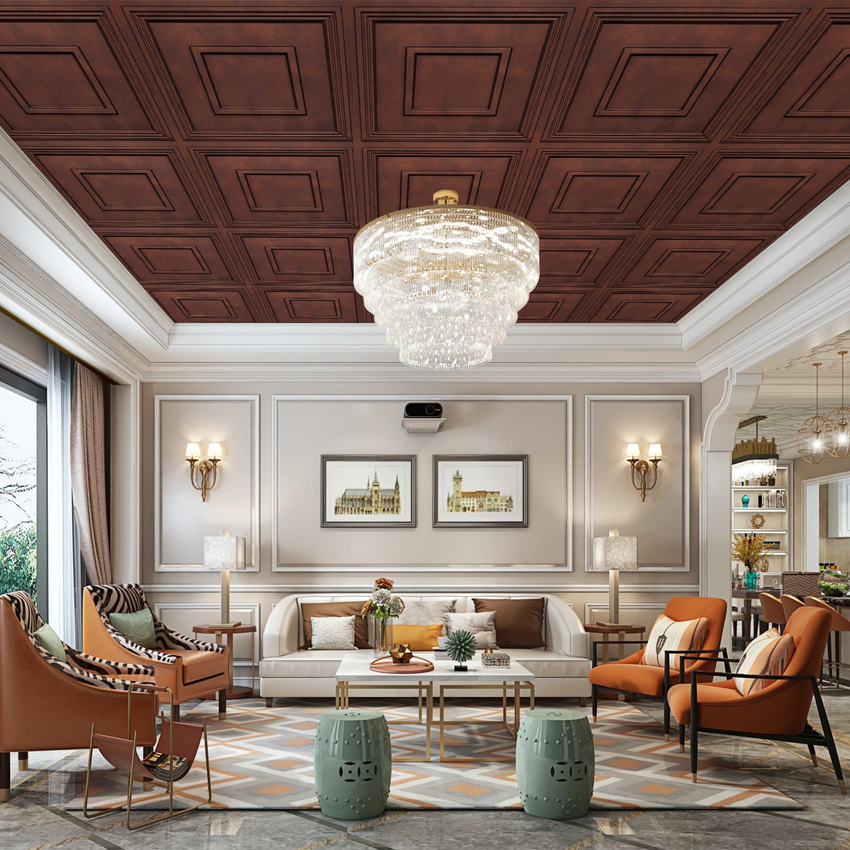 STICKGOO 3D grooved antique copper ceiling tile adds depth and light play